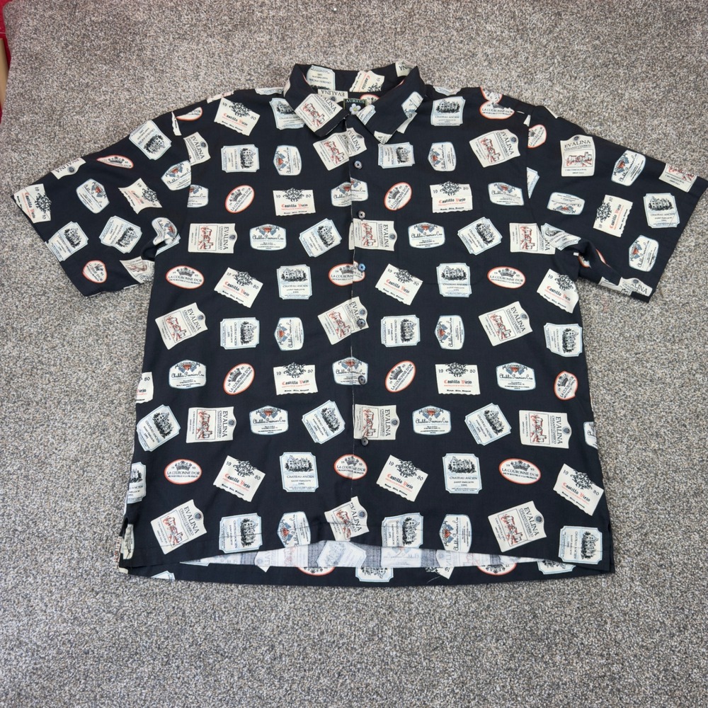 Aureus Silk Blend‎ Button Up Shirt XXL Wine Label Print Short Sleeve Novelty